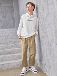 SHEIN 青少年男孩休闲百搭英式图案连帽运动衫和拼色紧身裤套装 - 卡其色 - 查看 9