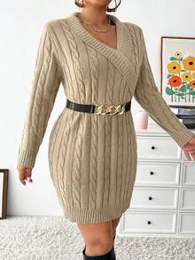 Celure Plus Size Women'S Cable Knitted Wrap Sweater Dress - Khaki - View 6
