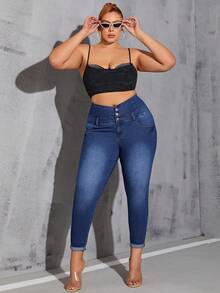 SHEIN SXY Kích thước lớn Của phụ nữ Eo cao Quần jean ôm Với Nhiều Và Chật hẹp Đôi chân - Màu xanh lam - Xem 4