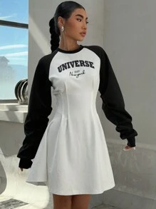 DAZY 女士字母印花插肩袖連身裙 - 白色 - 查看 6