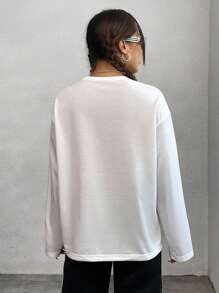 SHEIN EZwear 字母印花長袖下垂肩t恤 - 白色 - 查看 2