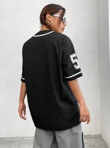 SHEIN Coolane 拼色卷边字母印花女式衬衫 - 黑色 - 查看 2