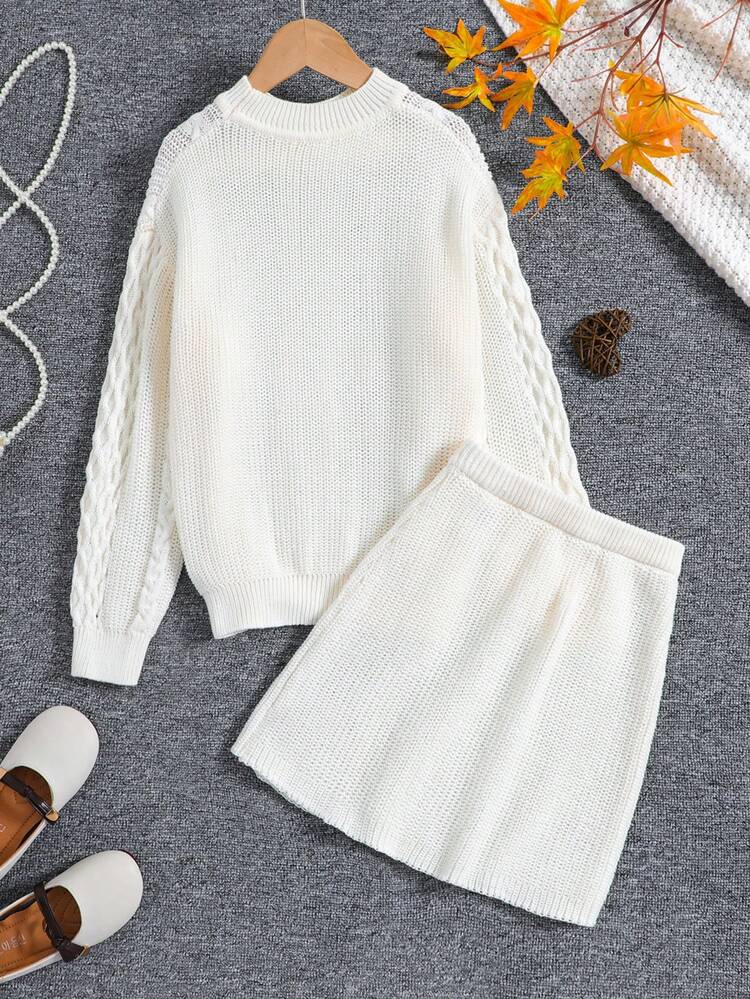 Tween Girl Cable Knit Drop Shoulder Mesh Ruffle Trim Sweater & Knit Skirt