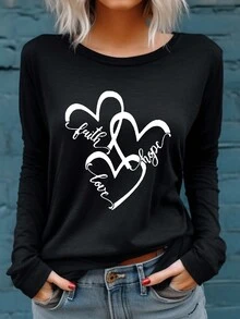 SHEIN LUNE Letter & Heart Printed Drop Shoulder T-shirt - Black - View 5