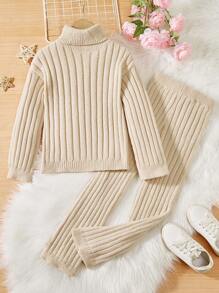 SHEIN 青少女高領下垂肩毛衣與針織長褲套裝 - 杏色 - 查看 1
