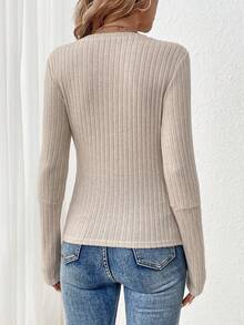 SHEIN LUNE Quý cô Màu thuần Sọc Áo thun - Màu Khaki - Xem 2