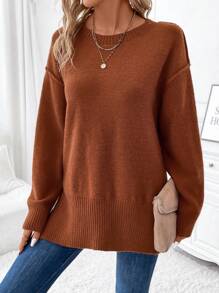 EMERY ROSE Women's Long Sleeve Round Neck Sweater - Rust Brown - View 1