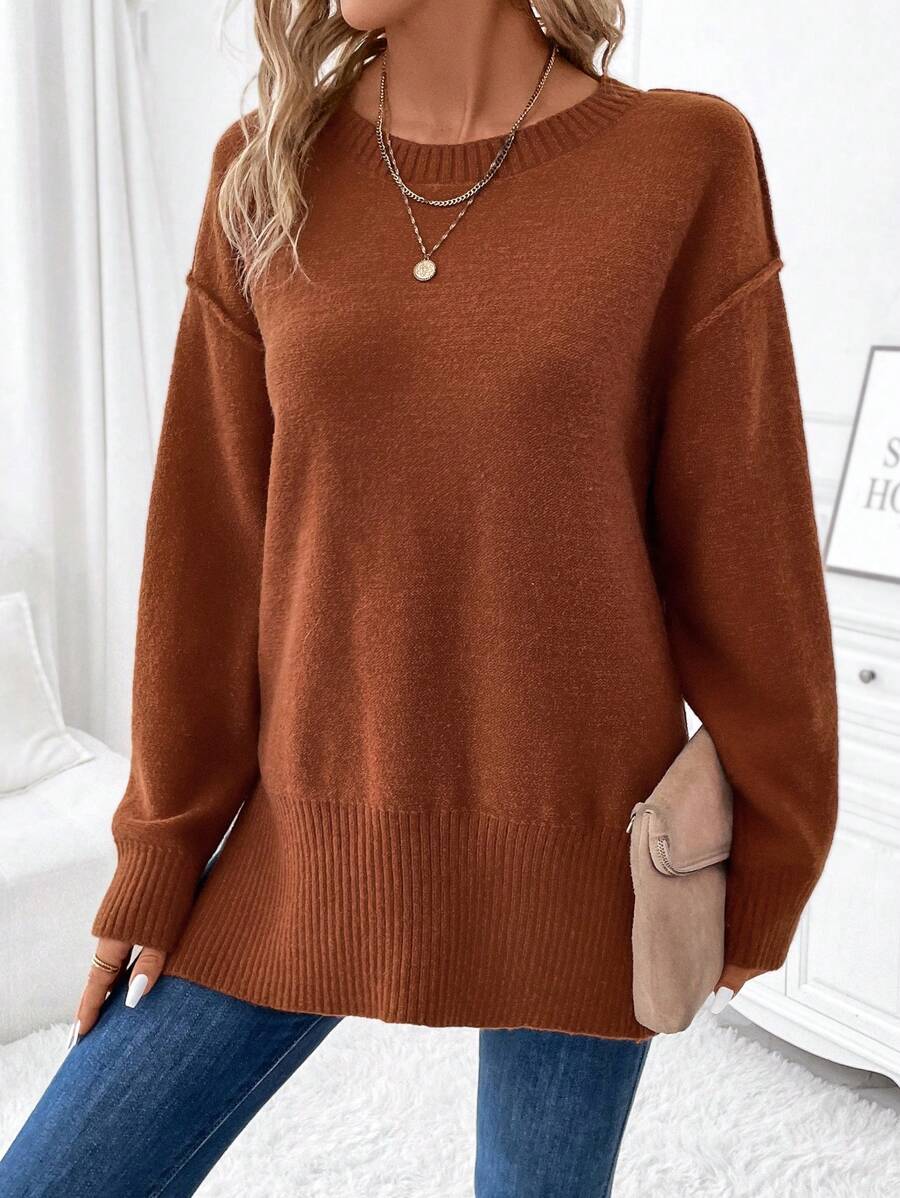 EMERY ROSE Women's Long Sleeve Round Neck Sweater - Rust Brown - View 1