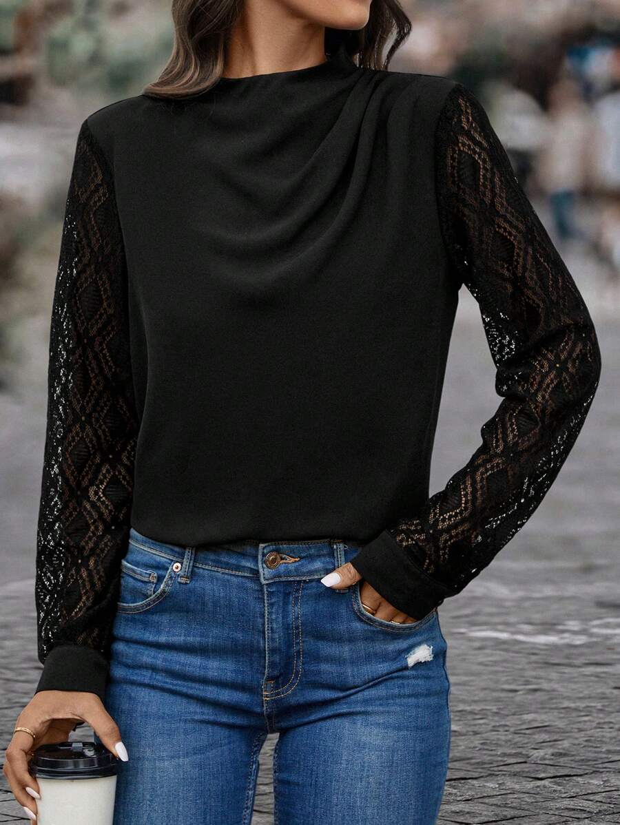 SHEIN Clasi 蕾絲袖子荷葉領襯衫 - 黑色 - 查看 1