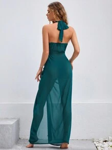 Swim Vcay Women's Halter Neck Pleated Drawstring Cover Up - Green - View 2