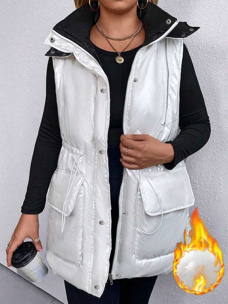 Plus Size Color-Block Sleeveless Hooded Padded Vest With Flap Pocket And Waist Drawstring