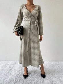 SHEIN Clasi Lantern Sleeve Wrap Dress With Belt And Button Detail - Khaki - View 2