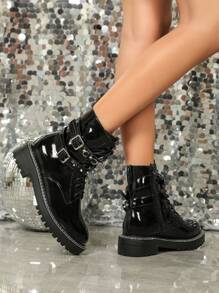 女冬季高跟粗跟黑色繫帶靴及踝短靴 - 黑色 - 查看 6