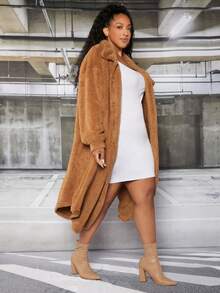 SHEIN CURVE+ Women's Camel-colored Plus Size Front Button Coat - Camel - View 4