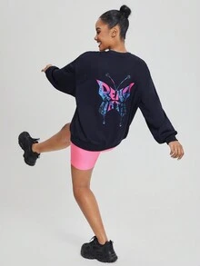 Sobokeboon Round Neck Long Women's Butterfly Print Sweatshirt - Navy Blue - View 1