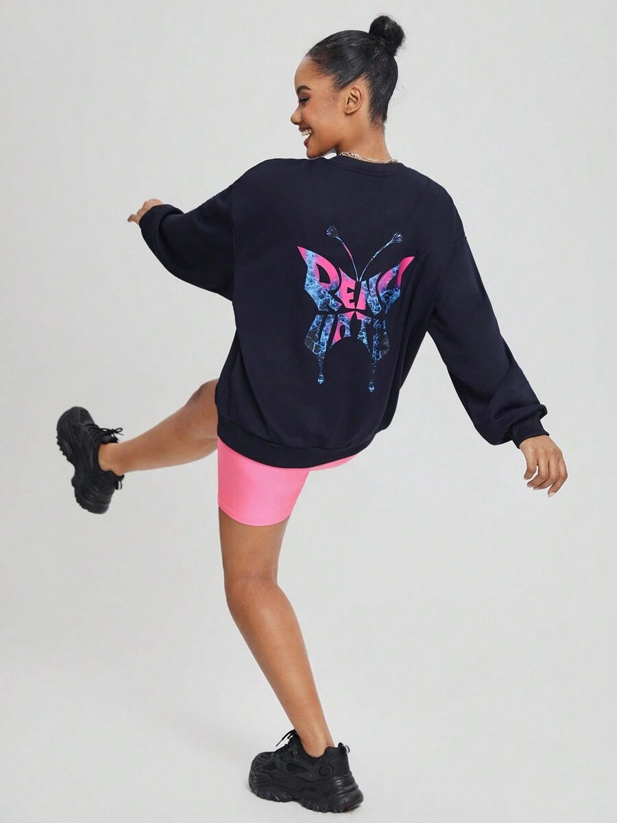 Sobokeboon Round Neck Long Women's Butterfly Print Sweatshirt - Navy Blue - View 1