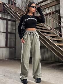 SHEIN Unity 女士高腰束口寬腿褲 - 綠色 - 查看 1