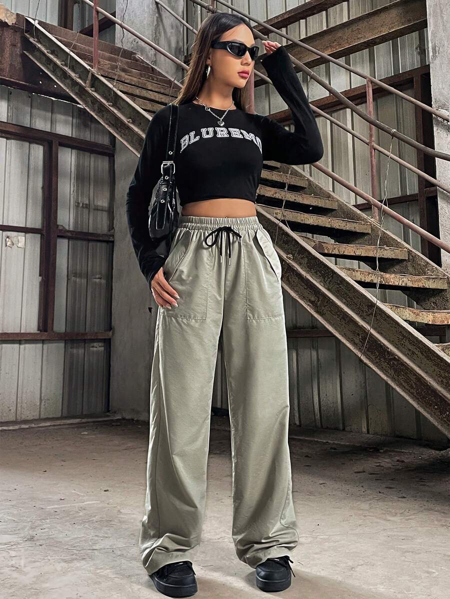 SHEIN Unity 女士高腰束口寬腿褲 - 綠色 - 查看 1