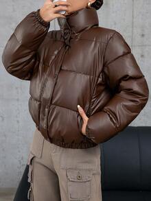 SHEIN Essnce 女士冬季纯色 PU 皮革前拉链休闲短款加厚棉服外套 - 咖啡棕 - 查看 6