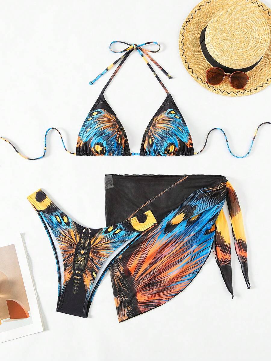 SHEIN Swim Bộ bikini hở lưng hình tam giác in họa tiết mùa hè kèm chân váy đi biển - Nhiều màu - Xem 1