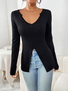 SHEIN Essnce 女式修身長款 T 卹,小 V 領,前開衩 - 黑色 - 查看 6