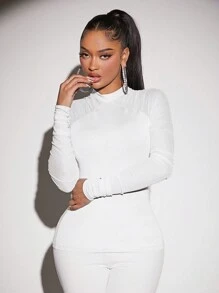 SHEIN SXY Stand Collar Knitted Top With Pleats And Raglan Sleeve - White - View 6