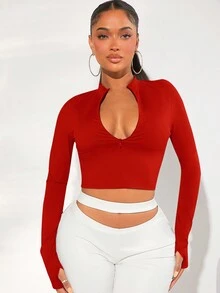 SHEIN SXY Của phụ nữ Quần skinny Áo thun Với Lỗ ngón tay cái - Đỏ - Xem 3