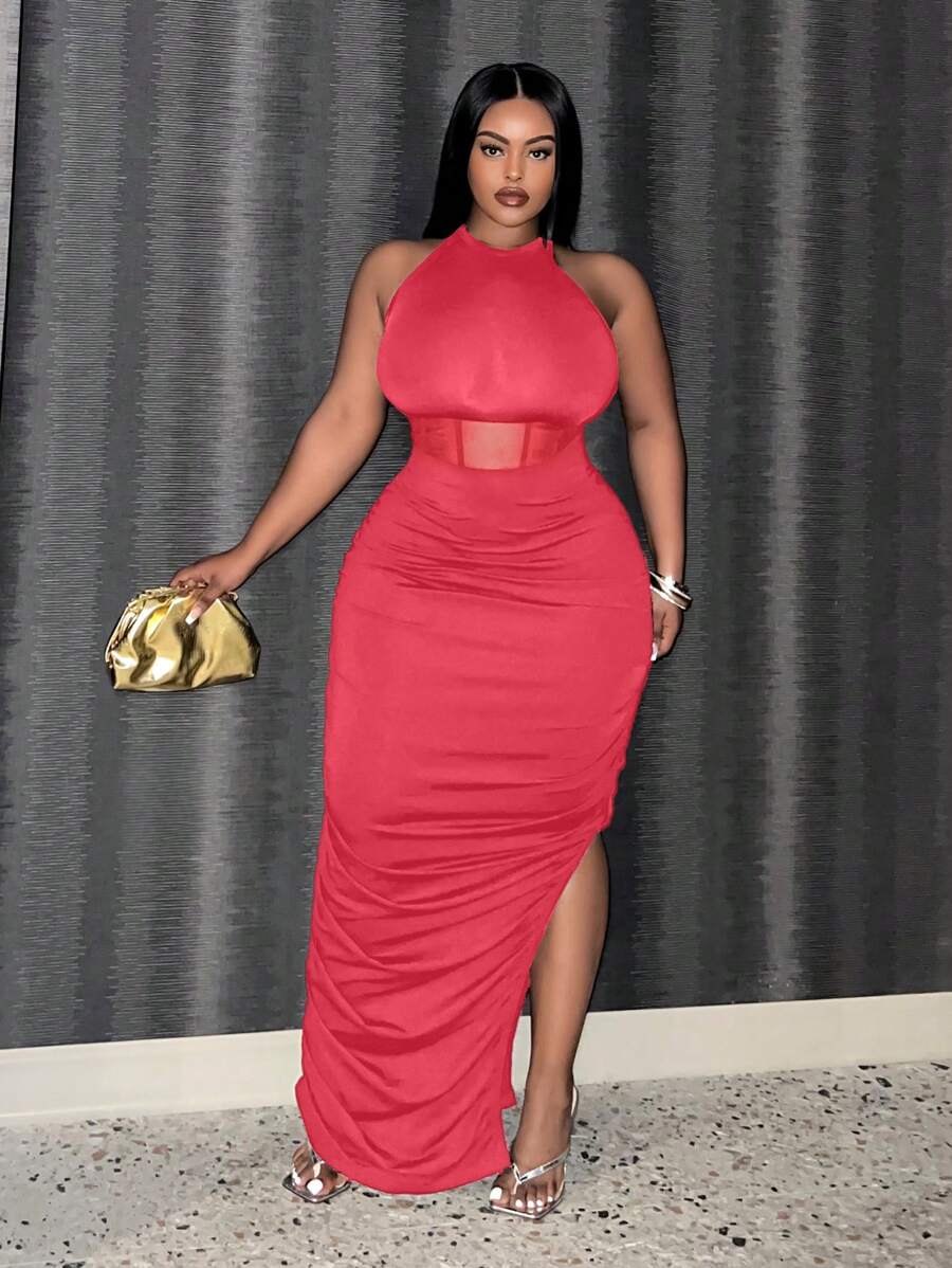 Slaydiva Plus Mesh Insert Ruched Split Thigh Halter Dress - Hot Pink - View 1