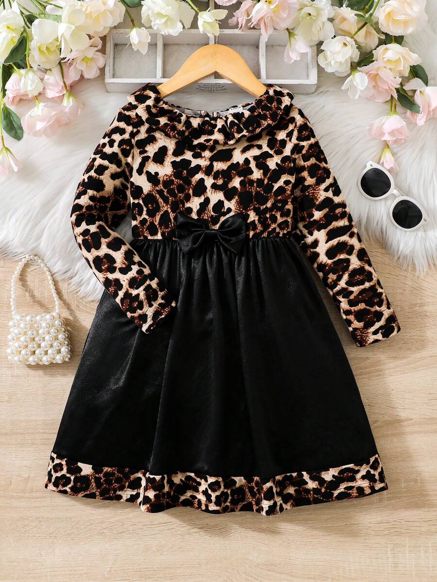 SHEIN 幼兒女童豹紋拼接裙,飾有蝴蝶結裝飾 - 彩色 - 查看 1
