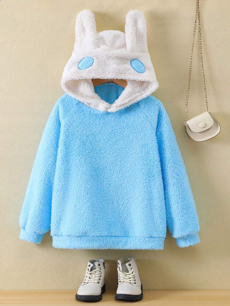 SHEIN 女童3d耳朵毛絨套衫,適用於大童 - 藍色 - 查看 1