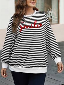 SHEIN LUNE 大碼條紋和字母圖案落肩袖運動衫 - 黑與白 - 查看 4