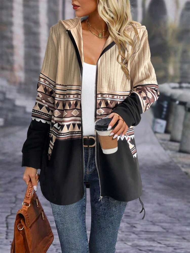Geometric Print Zipper Hooded Jacket