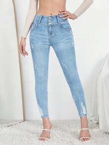 SHEIN Essnce Nút Bay Đau khổ Quần jean ôm - Rửa nhẹ - Xem 5