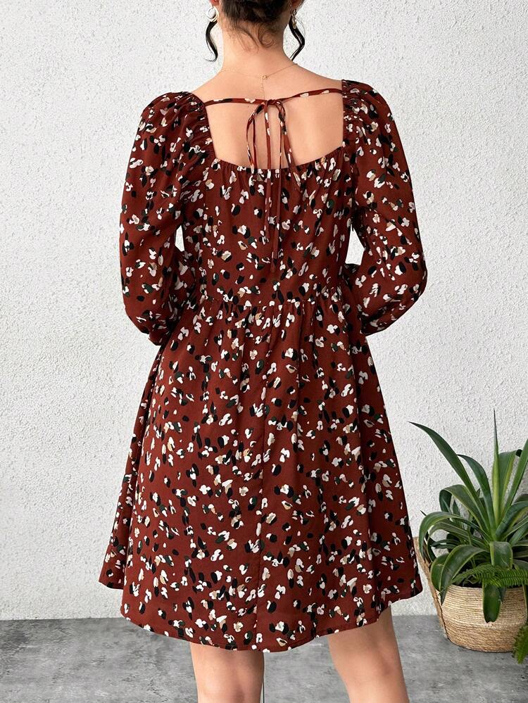 Floral Printed Lantern Sleeve Sweetheart Neckline Dress