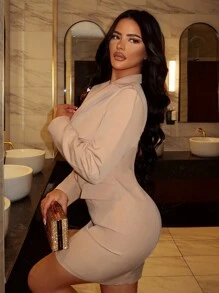 SHEIN SXY 女性新年修身簡約風前拉鍊休閒西裝外套 - 卡其色 - 查看 2