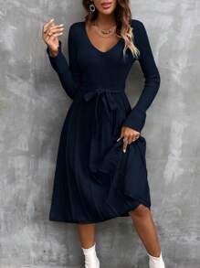 SHEIN Clasi V領帶式休閒女士毛衣裙 - 藏蓝色 - 查看 3