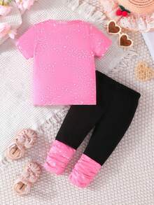 女婴爱心与兔子印花短袖T恤和裤子套装 - 玫紅色 - 查看 2