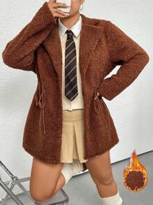 Flirla 加抽繩腰翻領泰迪大衣 - 棕色 - 查看 1