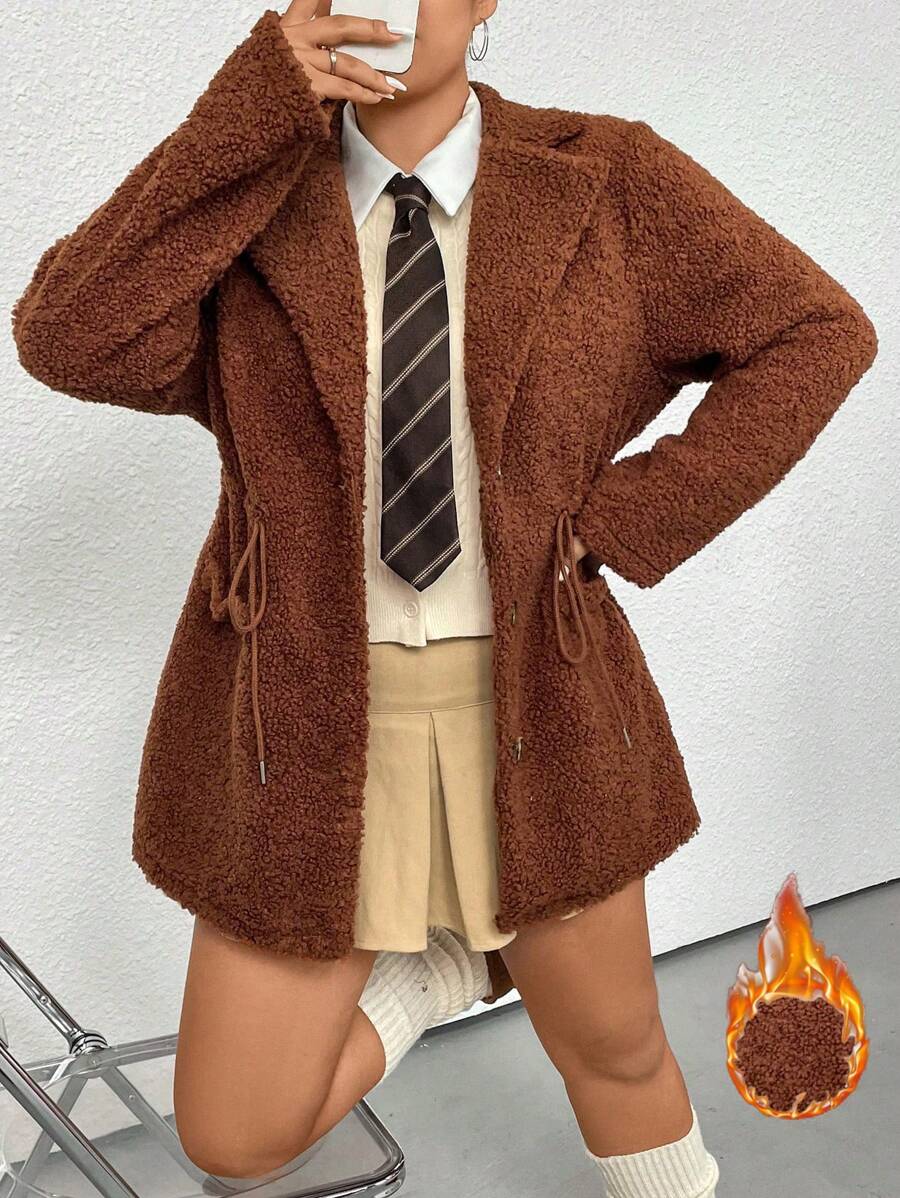 Flirla 加抽繩腰翻領泰迪大衣 - 棕色 - 查看 1