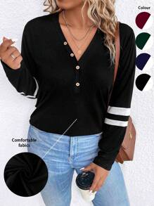 SHEIN LUNE 条纹印花半纽扣 T 恤图案 T 恤女式上衣 - 黑色 - 查看 1