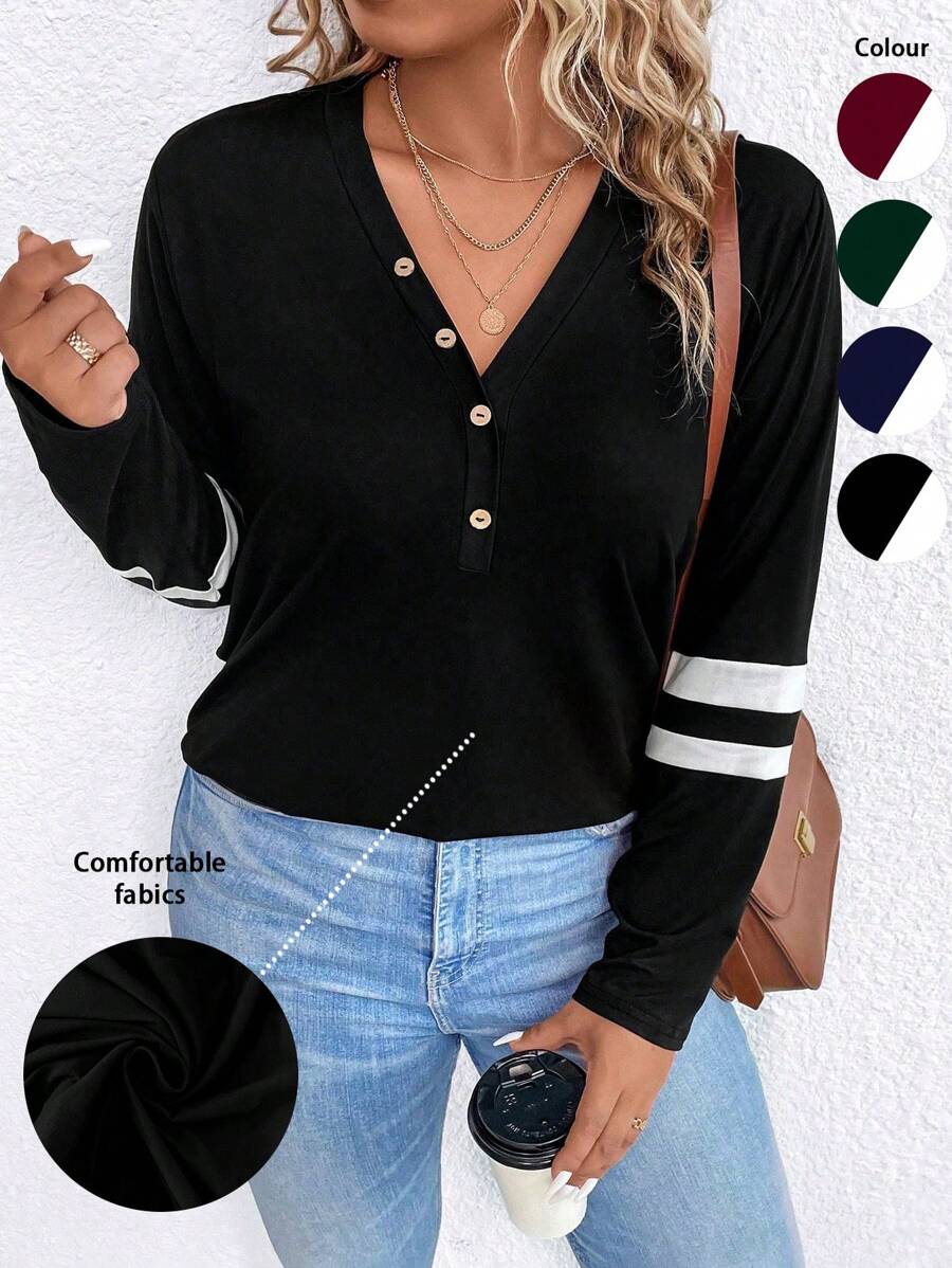 SHEIN LUNE 条纹印花半纽扣 T 恤图案 T 恤女式上衣 - 黑色 - 查看 1