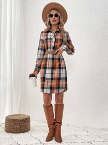 SHEIN LUNE Women's Plaid Half-button Front Open Collar Dress - Multicolor - View 5