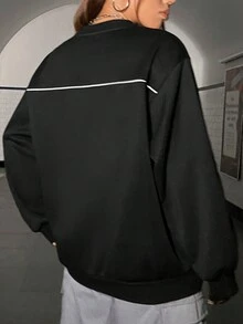 SHEIN Coolane Bikercore反光對比色縫線口號圖形下垂肩衛衣 - 黑色 - 查看 2