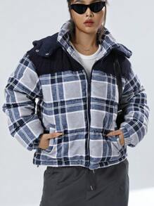 SHEIN EZwear Women's Plaid Hooded Padded Coat - Multicolor - View 5