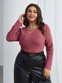 SHEIN Essnce 肋紋加大號長袖t恤 - 玫紅色 - 查看 3