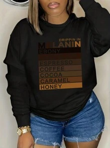 SHEIN EZwear Plus Size Casual Round Neck Sweatshirt With Printed Letter Designs - Black - View 1