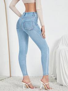 SHEIN Essnce Nút Bay Đau khổ Quần jean ôm - Rửa nhẹ - Xem 2