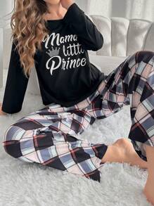 Letter Print Long Sleeve Top And Plaid Pants Pajama Set - Black - View 1