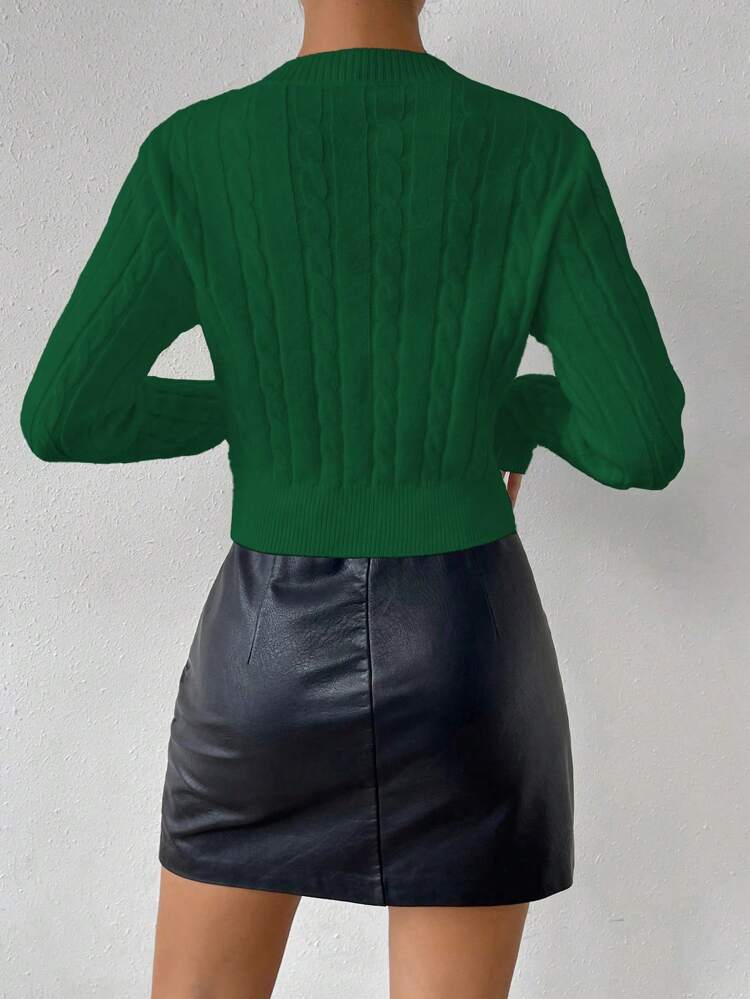 Solid Color Round Neck Cable Knitted Slim Fit Sweater Fall Winter