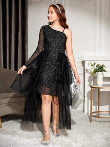 SHEIN Teenage Girls' Elegant Glitter Tulle Party Dress - Black - View 3